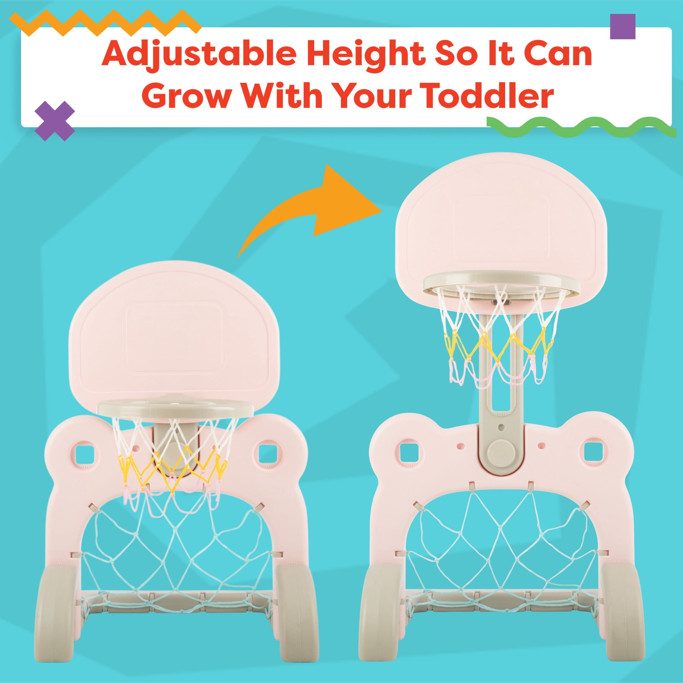 Hey Play 2-in-1 Adjustable Toddler Basketball Hoop and Soccer Goal (Pink)