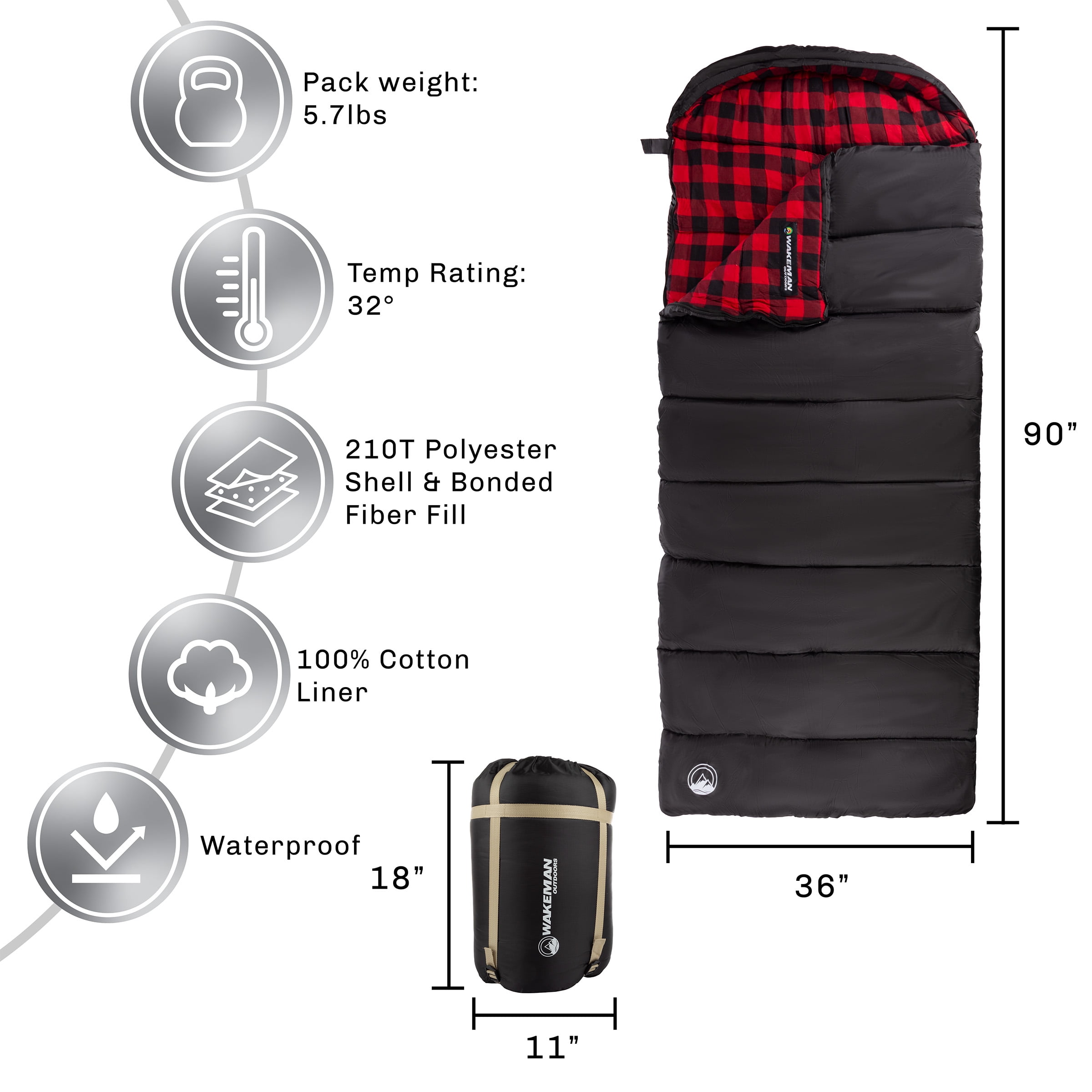 Sleeping Bag ? 32F Rated XL 3 Season Envelope Style with Hood for Outdoor Camping Backpacking and Hiking with Carry Bag by Wakeman Outdoors (Black)