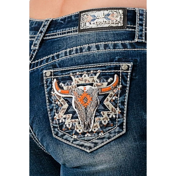 Grace in LA Women's Steer Head Aztec Embellished Bootcut Stretch Jeans (25, Blue Stonewashed)