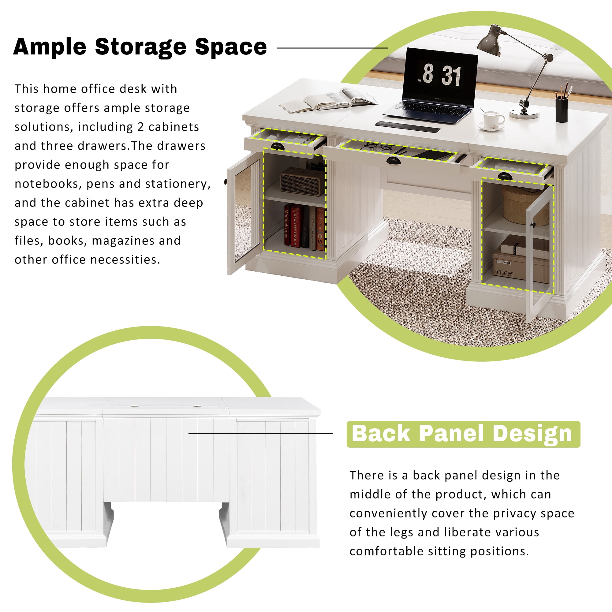 DTTRA 67" Modern Executive Desk with 3 Drawers & 2 Cabinets, Built-in Outlets, White
