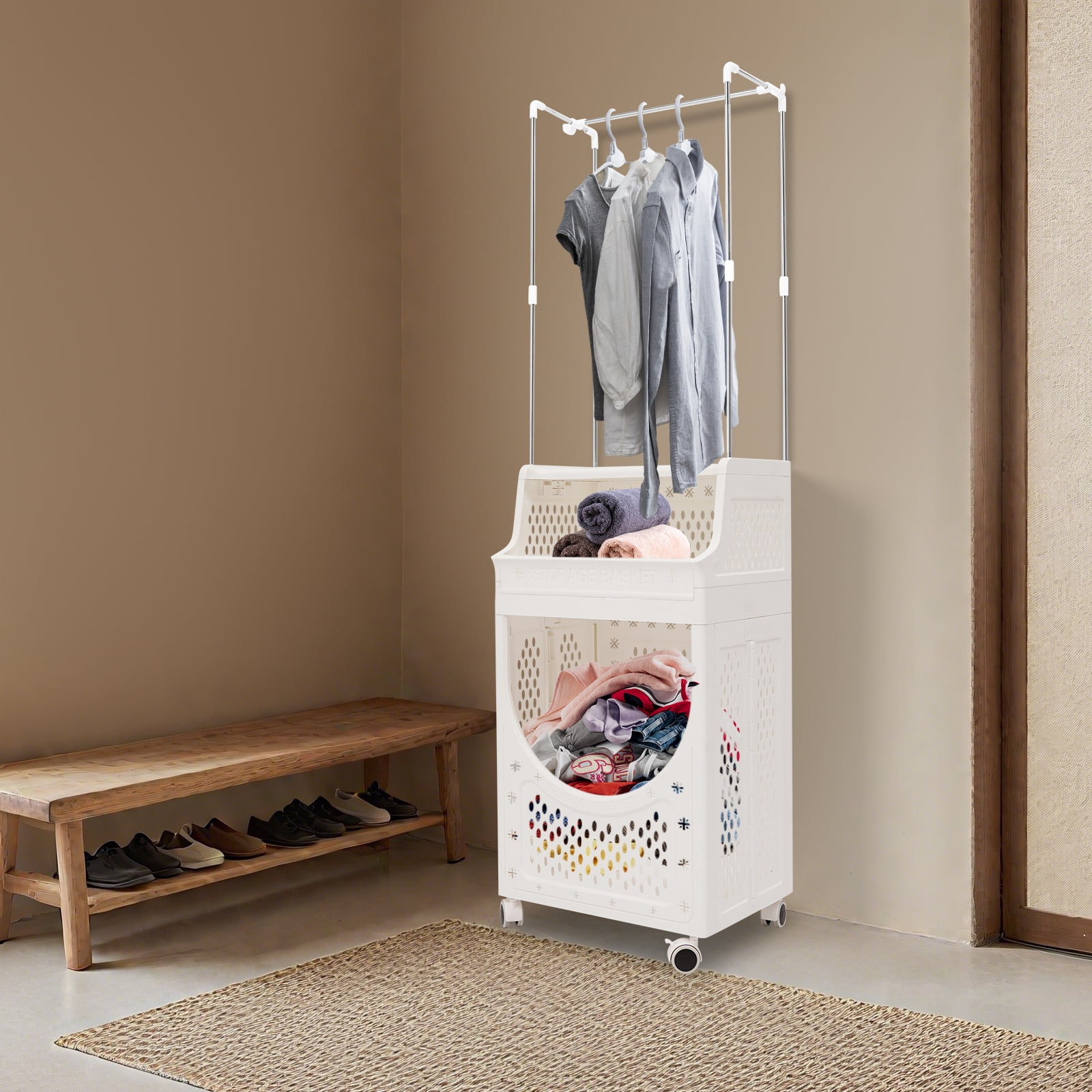 3-Tier Laundry Basket with Wheels Laundry Hamper Cart with Clothes Rack Dirty Clothes Hamper for Bathrooms