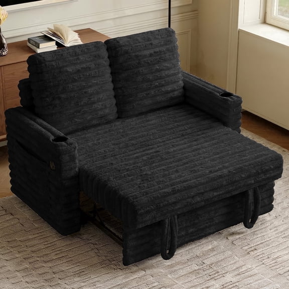 Rophefx 3 in 1 Convertible Sofa Bed, Corduroy Pull Out Sleeper Sofa Bed with Adjustable Backrest USB Ports Cup Holders& Side Pockets for Living Room Bedroom Apartment,Black