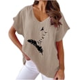 thumbnail image 1 of Hauts d'Été pour Femmes Col en V Imprimé Coton Lin Manches Courtes T-Shirts Décontractés Légers Blouse Habillée, 1 of 6