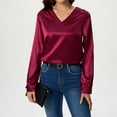 thumbnail image 2 of Aboser Womens Silk Satin Shirts Business Casual V Neck Blouses for Work Office Dressy Long Sleeve Shirt Lightweight Loose Fit Blouse Tops Wine XL, 2 of 6