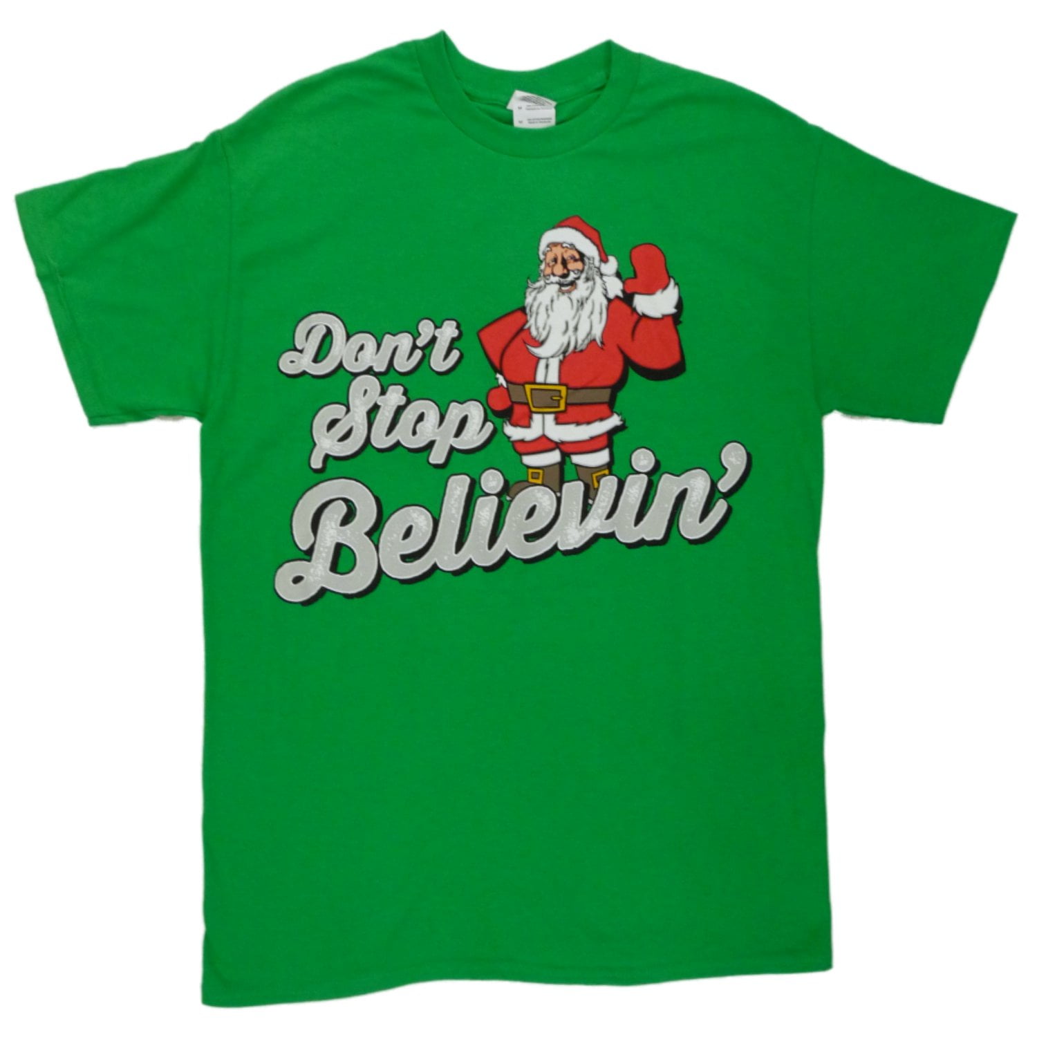 Gildan Mens Green Don't Stop Believing Santa Claus Christmas Holiday