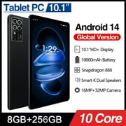 10.1" Android 14 Table, 8GB RAM+256GB ROM, 32MP+16MP AI Dual Camera, 10000mAh Battery, 10 Core Snapdragon 888 Processor, Quad Smart-K Box Speakers, 5G WiFi, Bluetooth, GPS