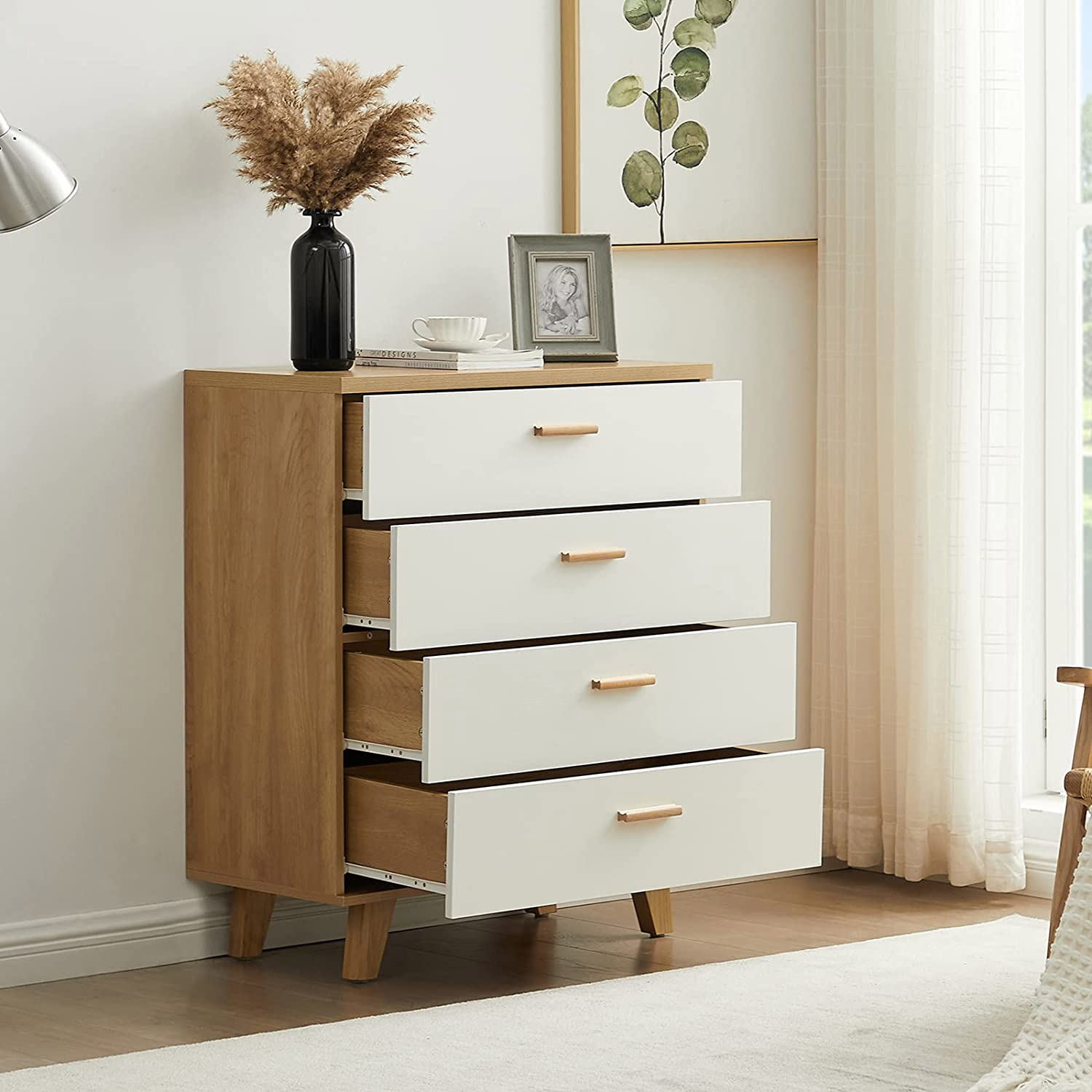 Resenkos Mid-Century Modern 4 Drawers Wooden Dresser Chest of Drawers Clothes Organizer, Rosewood&White