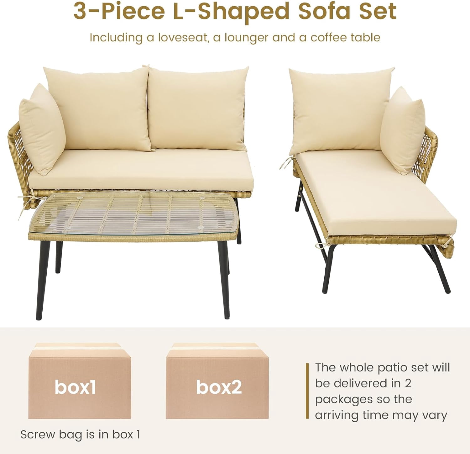 Set of 3 L-Shaped Patio PE Rattan Sofa Set Sectional Sofa Furniture Set with Cushions and Tempered Glass Table Beige
