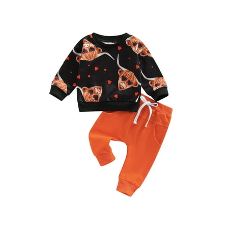 

Arvbitana Baby Boy Girl Valentine s Day Outfit Heart Cow Print Crewneck Sweatshirt Tops Solid Jogger Pants Set 2Pcs Clothes Set