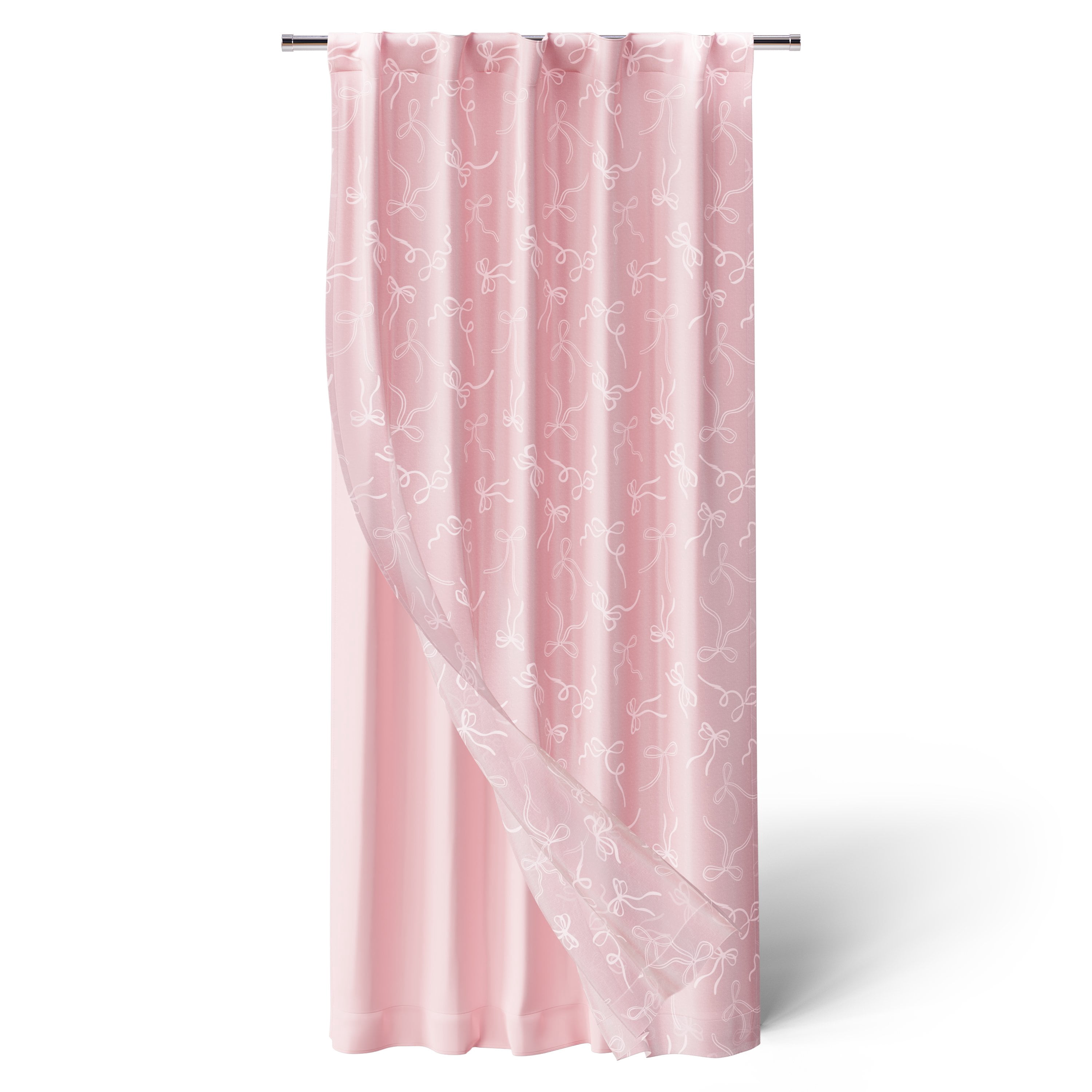 Mainstays Kids Pink Ribbons Sheer Overlay Blackout Rod Pocket with Back Tabs Single Curtain Panel, 38" W x 63" L