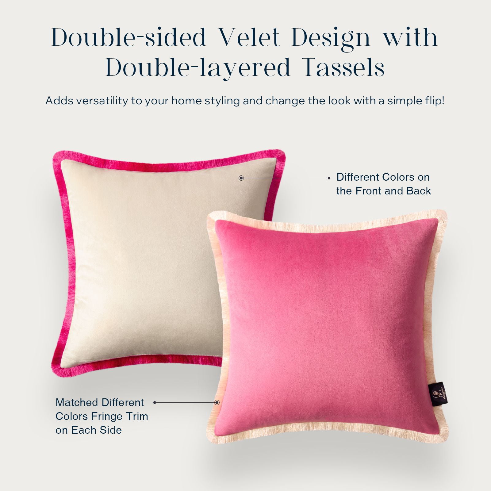 Phantoscope Velvet Decorative Throw Pillows with Inserts, Double-Sided Two-Tone Tassel Trim, 18 x 18 in, Pink, 2 Pack