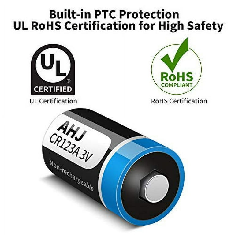 CR123A 3V Lithium Battery, 4 Pack 1600mAh CR123 CR17345 Battery with  10-Year Shelf Life UL Certification for Flashlight Alarm System etc