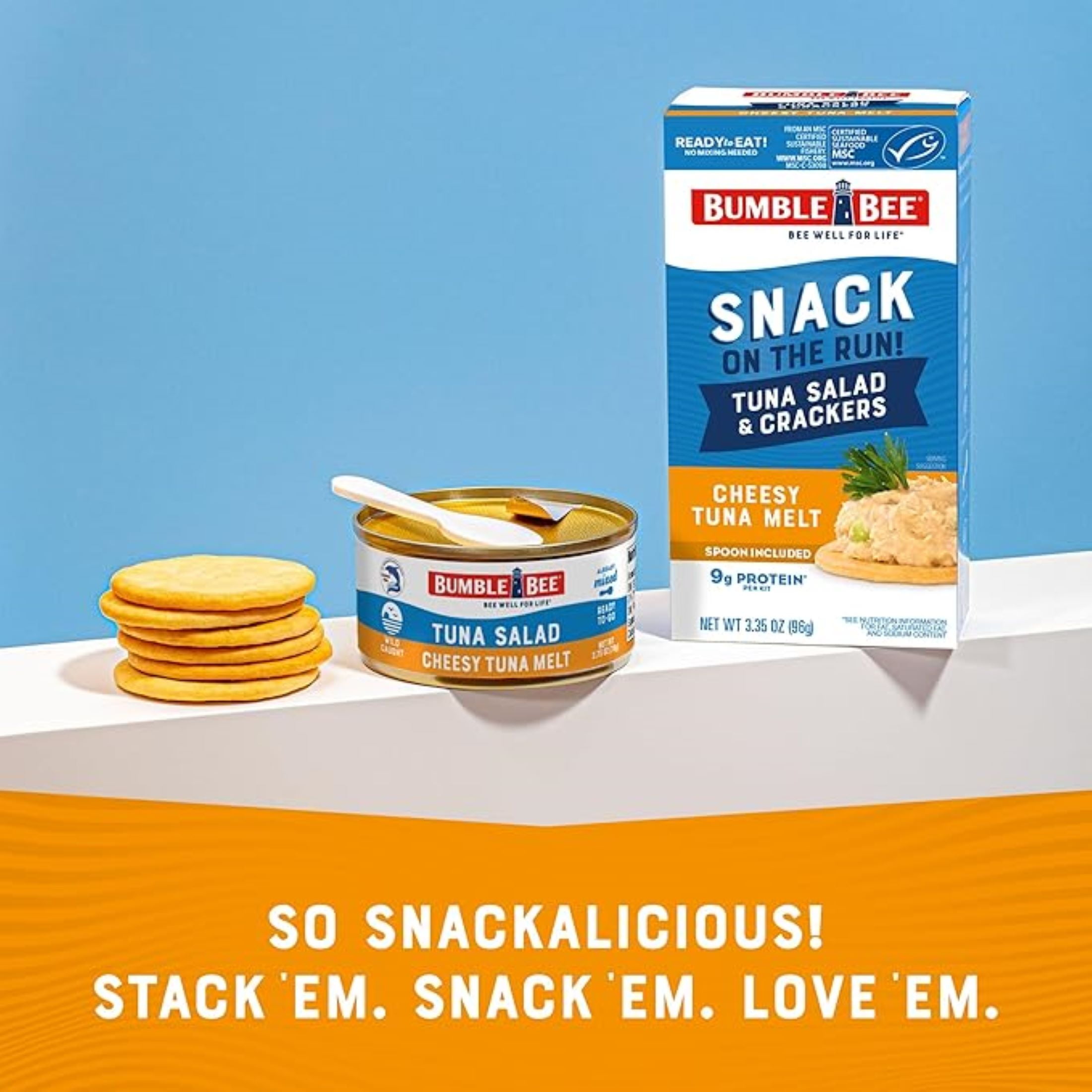 (12 pack) Bumble Bee Snack on The Run Cheesy Tuna Melt with Crackers Kit, 9g Protein Per Serving, Ready to Eat, Spoon Included, Shelf Stable Box, 3.35 oz