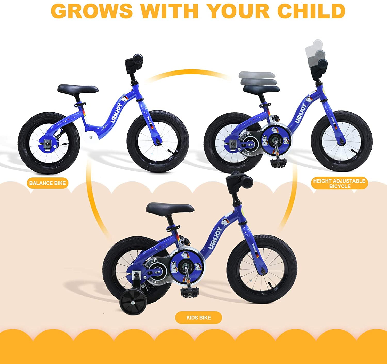 Uenjoy 2 in 1 Kids Bike Balance Bike with Detachable Training