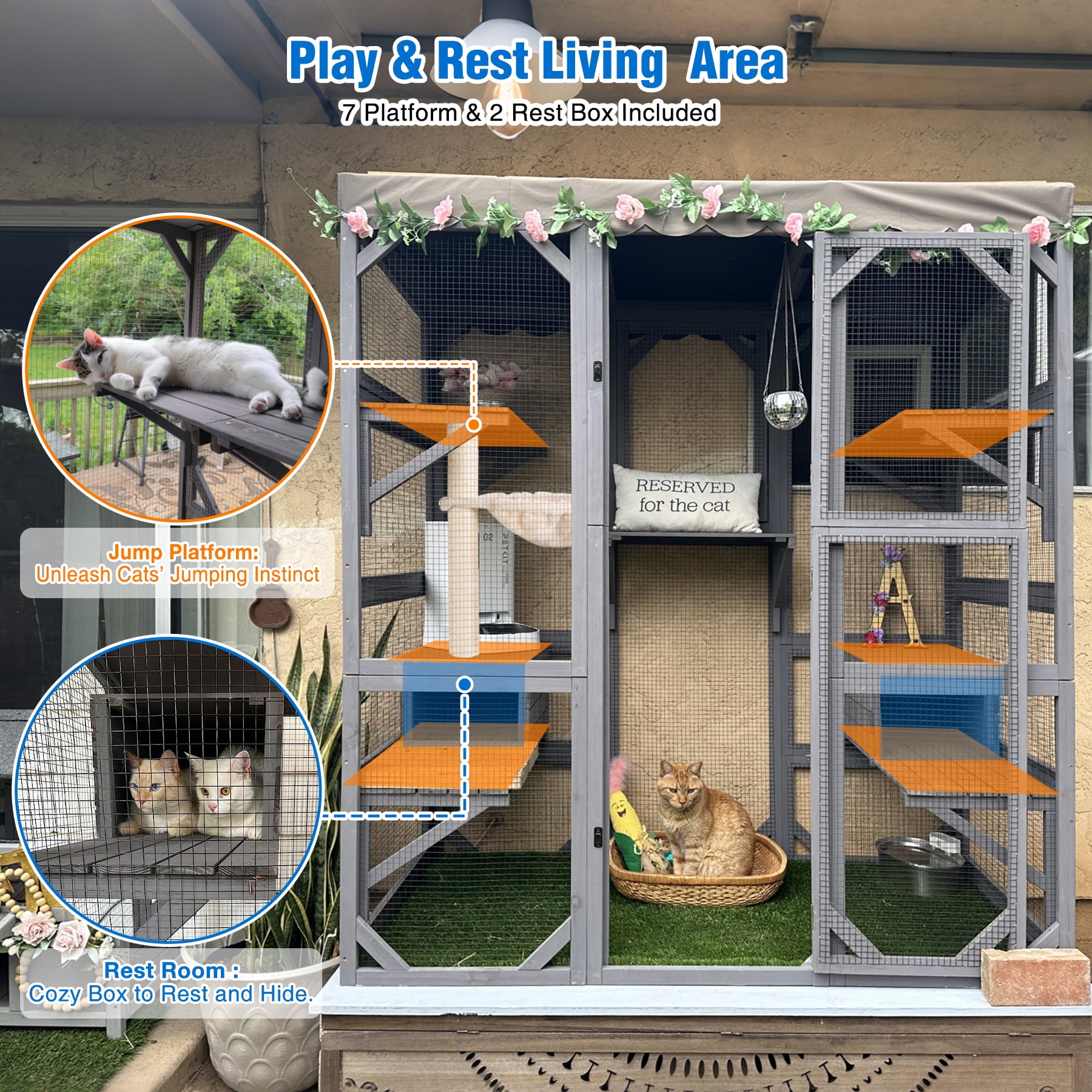 Suumerpety Catio Outdoor Cat Enclosure 70" Large Wooden Cat House with Weatherproof Roof & 7 Platforms & 2 Condons Window Catio for Indoors and Outdoors Gray
