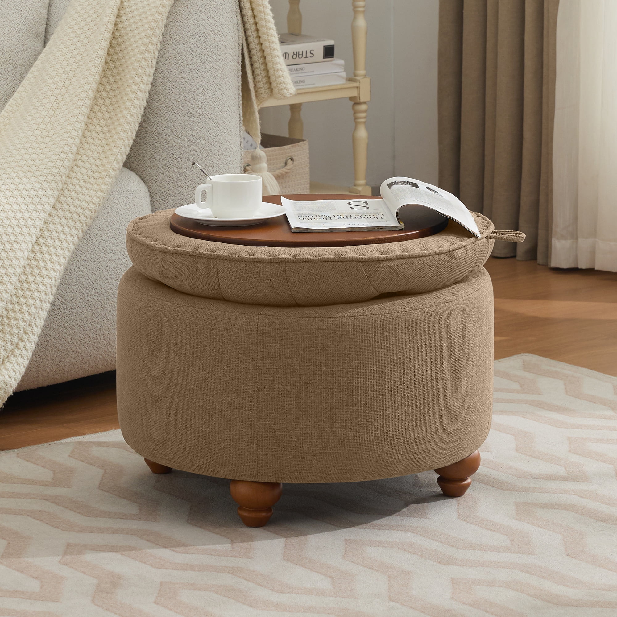 24'' Round Ottoman with Storage, Modern Tufted Fabric Storage Ottoman with Removable Top for Living Room, Bedroom, Brown