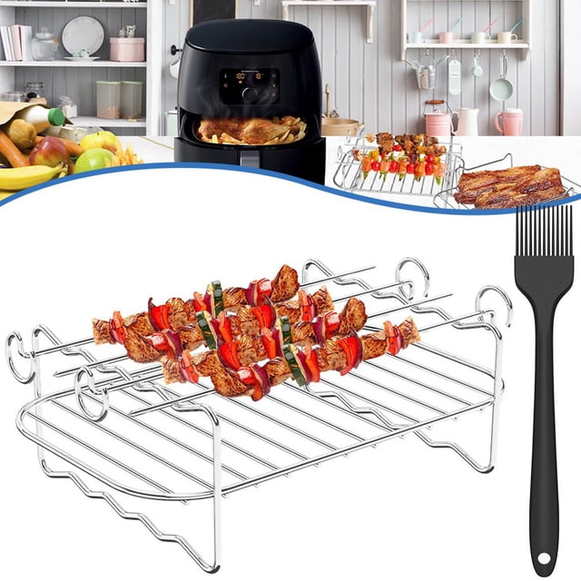Friteuse à Air Chaud Accessoires-Air Crémaillère Ensemble de 2 en Acier Inoxydable Multi-Usage Double Couche Rack avec Brochette Rack Polyvalent Compatible avec les Friteuses à Air pour 3.7-4.2 Pintes-avec 4 Brochettes