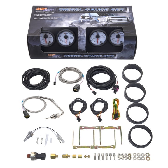 GlowShift | White 7 Color Series 4 Gauge Diesel Truck Set with 60 PSI Boost, 1500F EGT, Trans Temp & 100 PSI Fuel Pressure Gauges