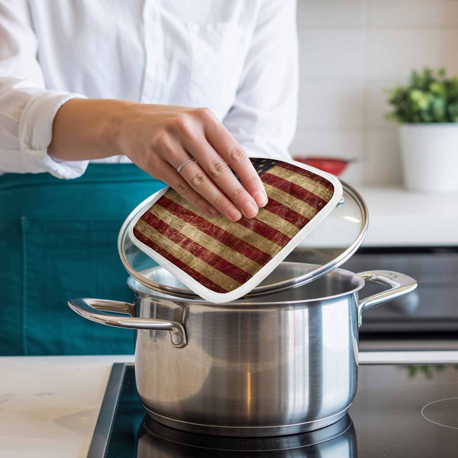 Vintage American Flag Pot Holders for Kitchen Heatproof Potholder, 5 Pack Farmhouse Shabby Retro Red Blue Hot Pads Multipurpose Oven Pads Cloth Potholders Trivet for Cooking Baking