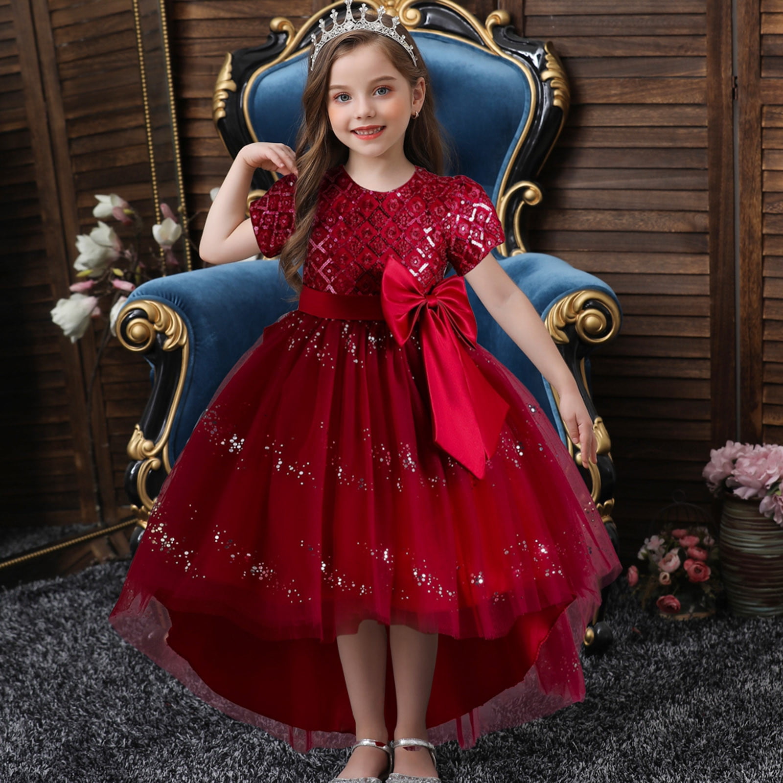 HIPYLO Girls' Special Occasion Dresses Cocktail Dress with Sleeves Beach Dresses Baby Girl Baptism Dress Infant Girl Christmas Outfit Girl Gifts 6-8, Red 6-7 Years