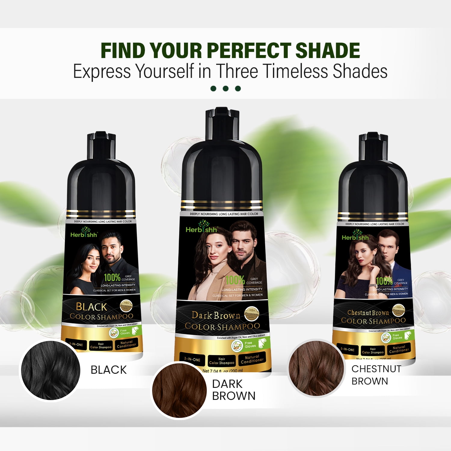 (2 pack) Herbishh Dark Brown Hair Color Shampoo for Gray Hair, Hair Dye Shampoo 3 in 1, 100% Gray Coverage, Permanent Hair Color for Men & Women, Ammonia-free, 200 ml
