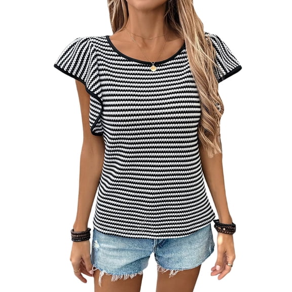 Womens Short Sleeve Sweater Round Neck Striped Pullover Cap Sleeve Knit Sweater Tops Black L