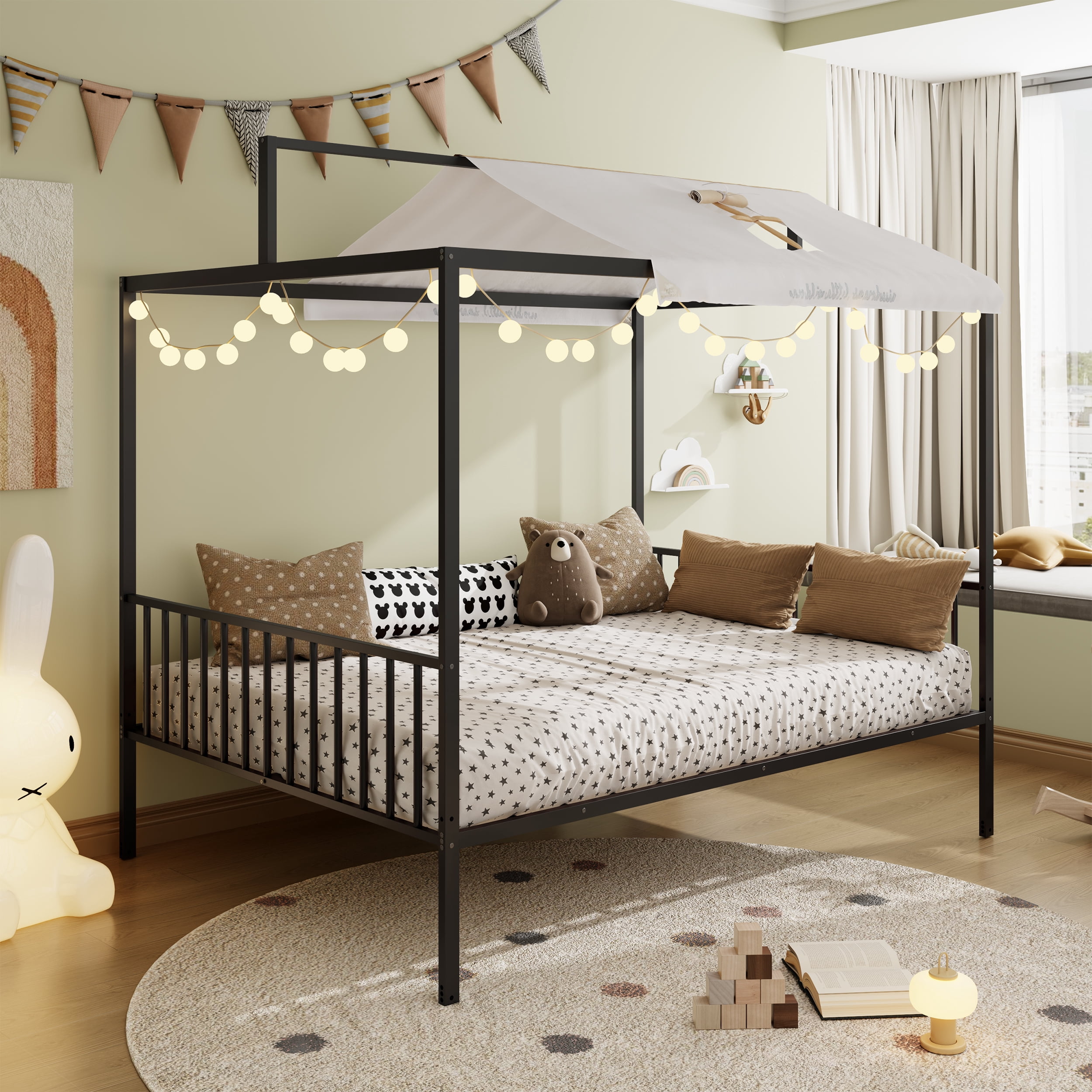 Euroco 3-in-1 Convertible Montessori Metal Bed, Toddler Bed, Floor Bed, Platform Bed,Modern Minimalist Design Canopy Bed Flame, Easy Assembly, Full Size, Black