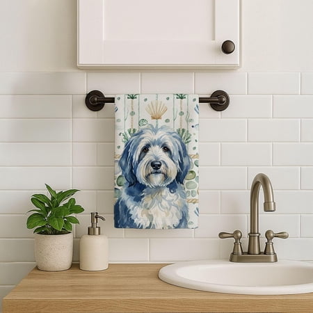 YILOSF-Blue and White Old English Sheepdog Coastal Sea Glass Kitchen Towel Velour Plush Front and Cotton Loop Back Machine Washable