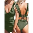 thumbnail image 3 of Women'S Ruffled Swimsuit V Neck Lace Up Green L, 3 of 6