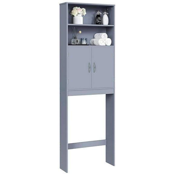 Over The Toilet Cabinet, Double Door Bathroom Storage Organizer, Toilet Rack with Inner Adjustable Shelf and 2 Upper Open Compartments, Gray