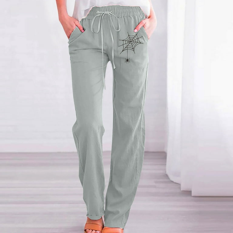 VSSSJ Women's Cotton and Linen Trousers Regular Fit Cobweb Print Elastic  Waist Lace-Up Straight Long Pants Casual Halloween Holiday Pants Mint Green  M 
