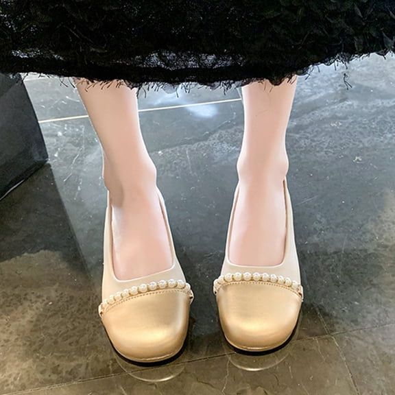 Pearl Chain Color Blocking Single Shoes Women Fashion Color Blocking Retro Single Shoes Hundreds Of Gentle Pearl Leisure Non-slip Soft Bottom Leather Shoes