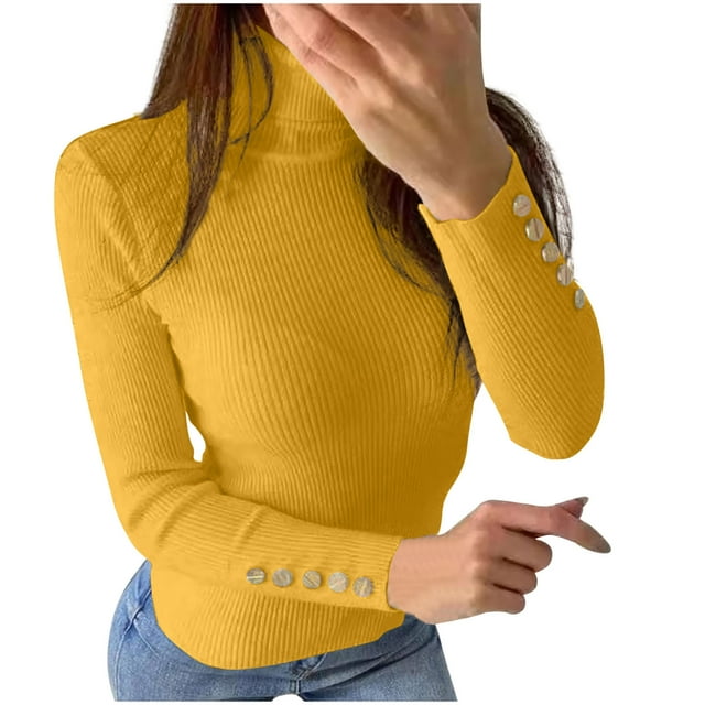 Dagegui Chandails à Col Roulé pour Femmes Automne Hiver Coupe Ajustée Manches Longues Tricoté Chandail Uni Chandail Hauts Jaune, TG