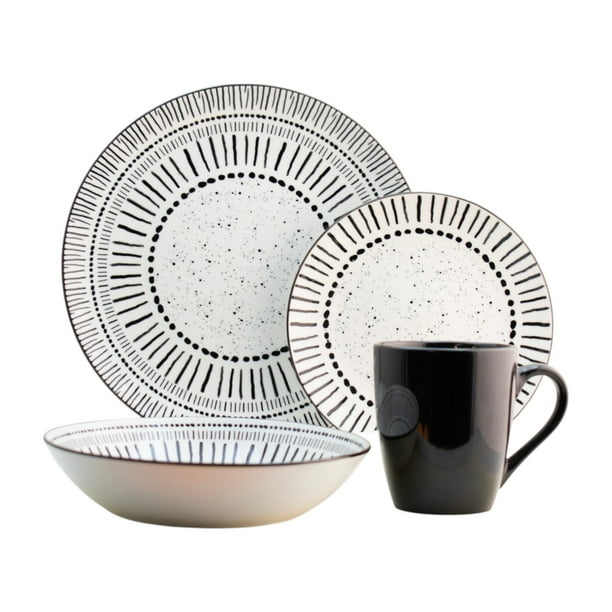 Set Vajilla Porcelana Blanca, Diseño Rayas Color Negro, 16 Piezas 4 Personas, Incluye: Tazón Sopero, Plato Trinche, Plato Postre y Taza Café 345 ml con Caja de Regalo