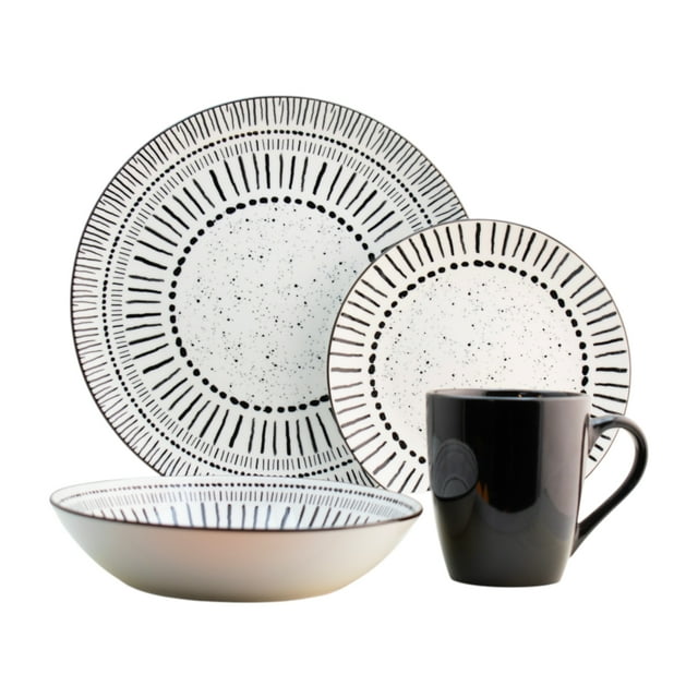 Set Vajilla Porcelana Blanca, Diseño Rayas Color Negro, 16 Piezas 4 Personas, Incluye: Tazón Sopero, Plato Trinche, Plato Postre y Taza Café 345 ml con Caja de Regalo
