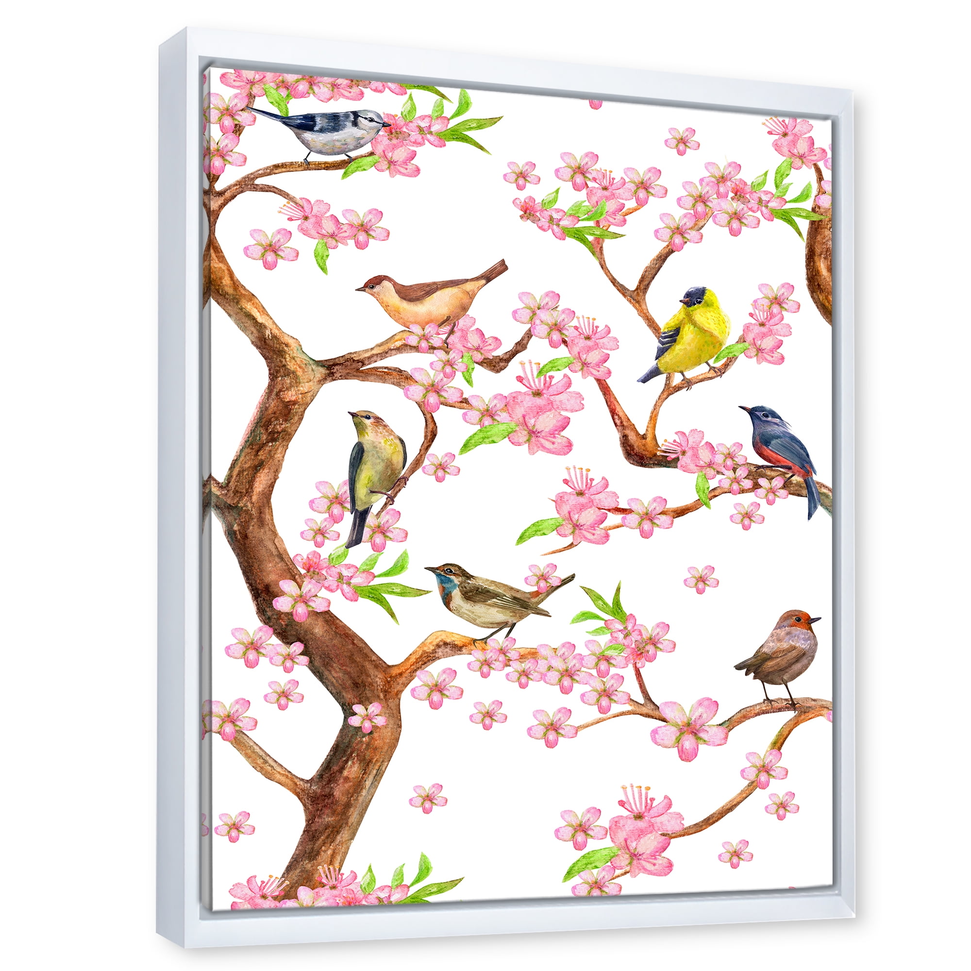 Colorful Little Birds On Spring Flowers Tree 30 in x 40 in Framed Painting Canvas Art Print, by Designart