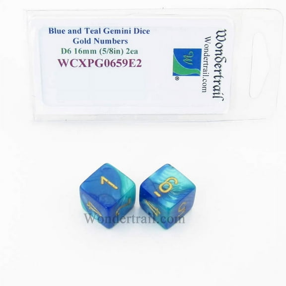 Blue and Teal Gemini Dice with Gold Numbers D6 Aprox 16mm (5/8in) Pack of 2 Wondertrail