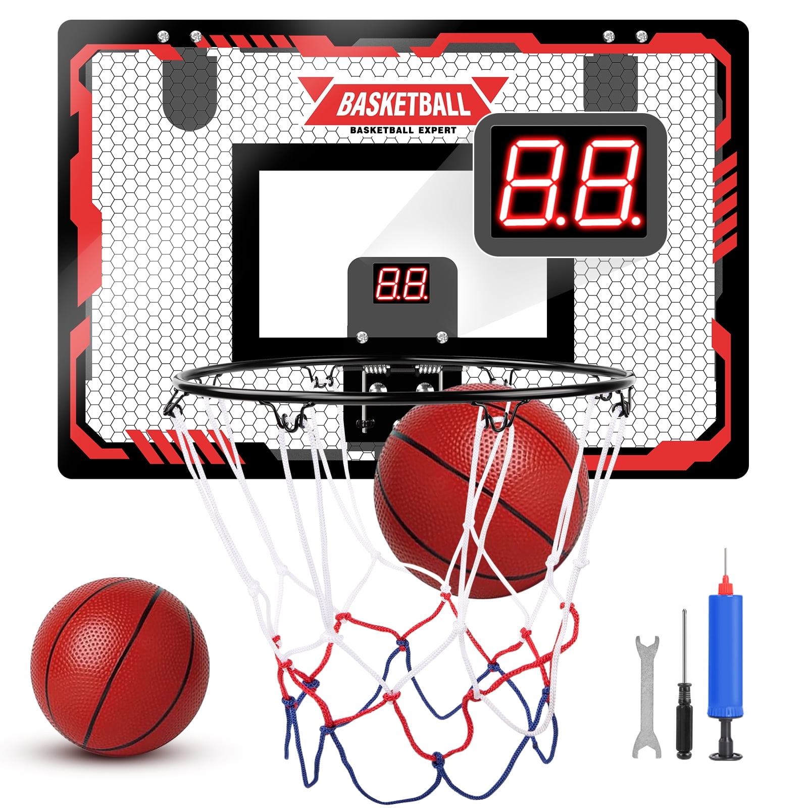 Indoor Basketball Hoop for Kids, Indoor over The Door Basketball Hoops, LED Light Mini Basketball Goals with 2 Balls & Electronic Scoreboard, Christmas Toys Gifts for 5 6 7 8 9 10-12+ Year Old Boys