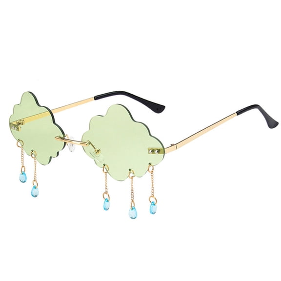 Retro Cloud Rimless Sunglasses for Women Men, Dripping Crystal Tassel Wave Sun Glasses, Metal Frame UV400 Protection Party Disco Eyewear, Tear Shape, Lightweight, Green