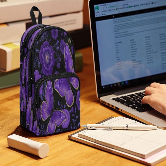 Backpack Pencil Case, 3 Compartment Large Capacity Oxford Fabric Pencil Pouch / Retro Purple Butterfly and Flowers