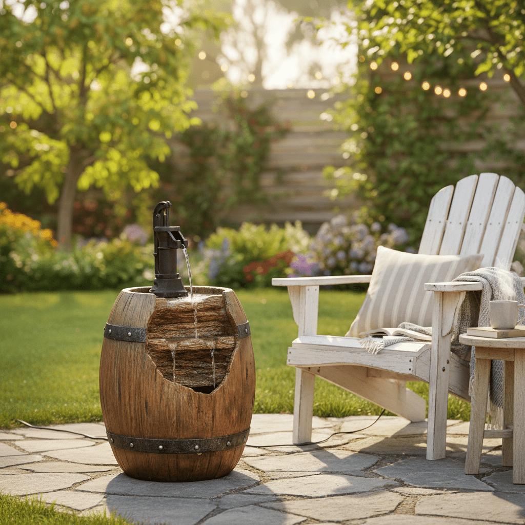 Teamson Home Vintage Barrel Water Pump Outdoor Waterfall Fountain