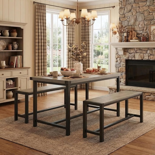 3-Piece Rustic Gray Dining Table Set for 4, Rectangular Wooden Kitchen Table with 2 Benches, Space-Saving Dinette Furniture for Apartment, Small Space and Home