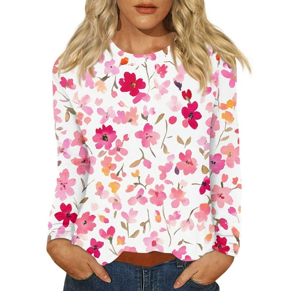 WTOBBY Women's Floral Print Round Neck Long Sleeve Pullover Blouse, Casual Flowy Tunic Top, Lightweight Printed Shirt for Women,Pink L
