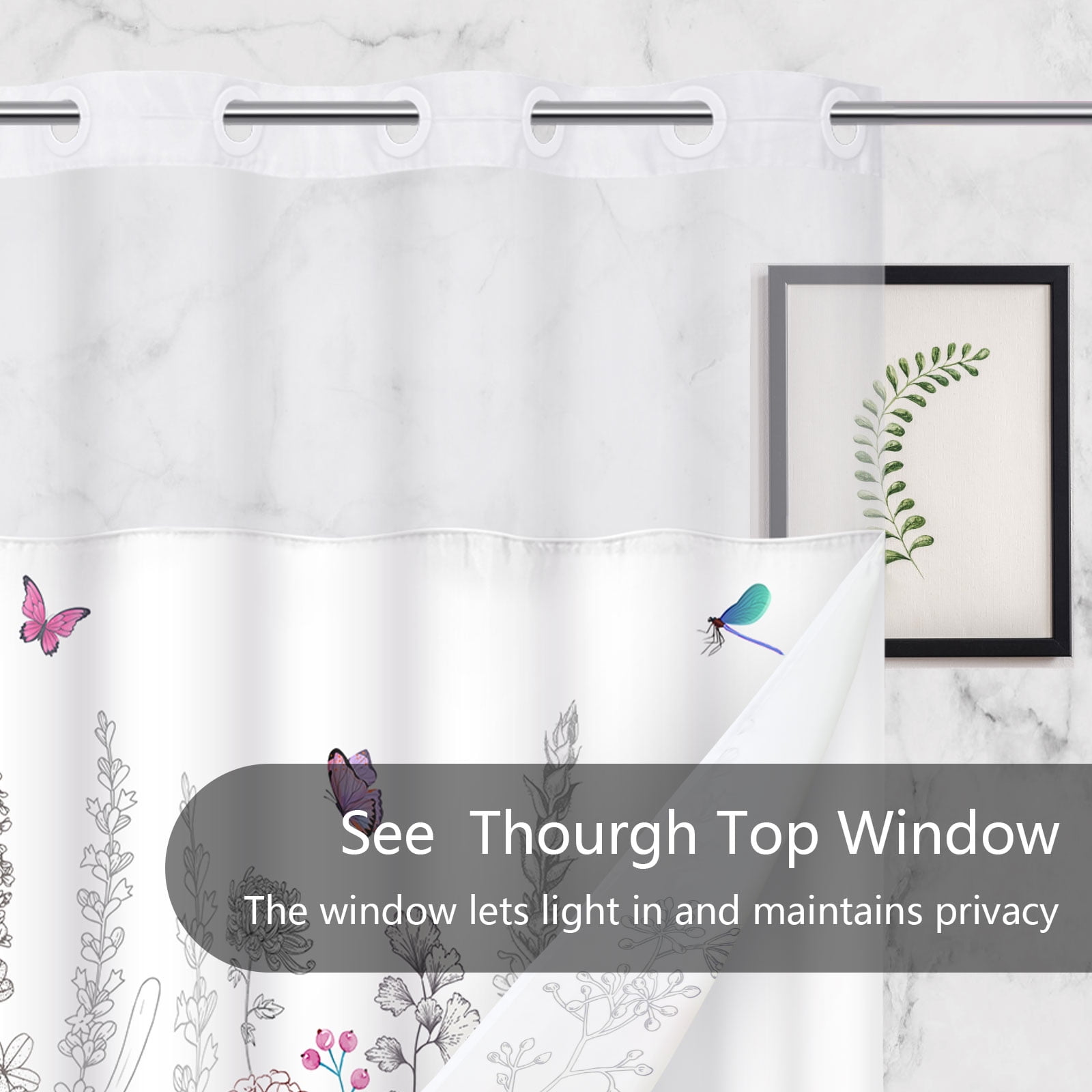 Ikfashoni Hookless Shower Curtain with Snap in Liner, White Boho Floral Waterproof Fabric Mesh Window Bath Curtain, 71"X74"