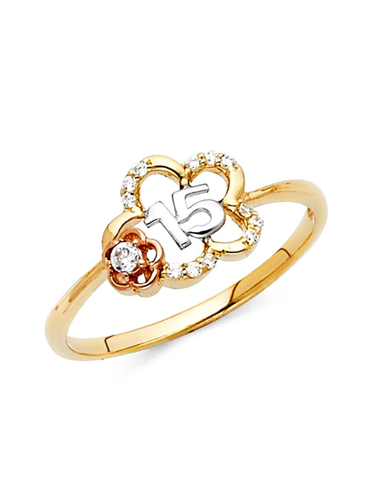 5 Jewel Tie Solid 14k Rose Yellow /& White Gold 15 Years Birthday Heart Ring Size