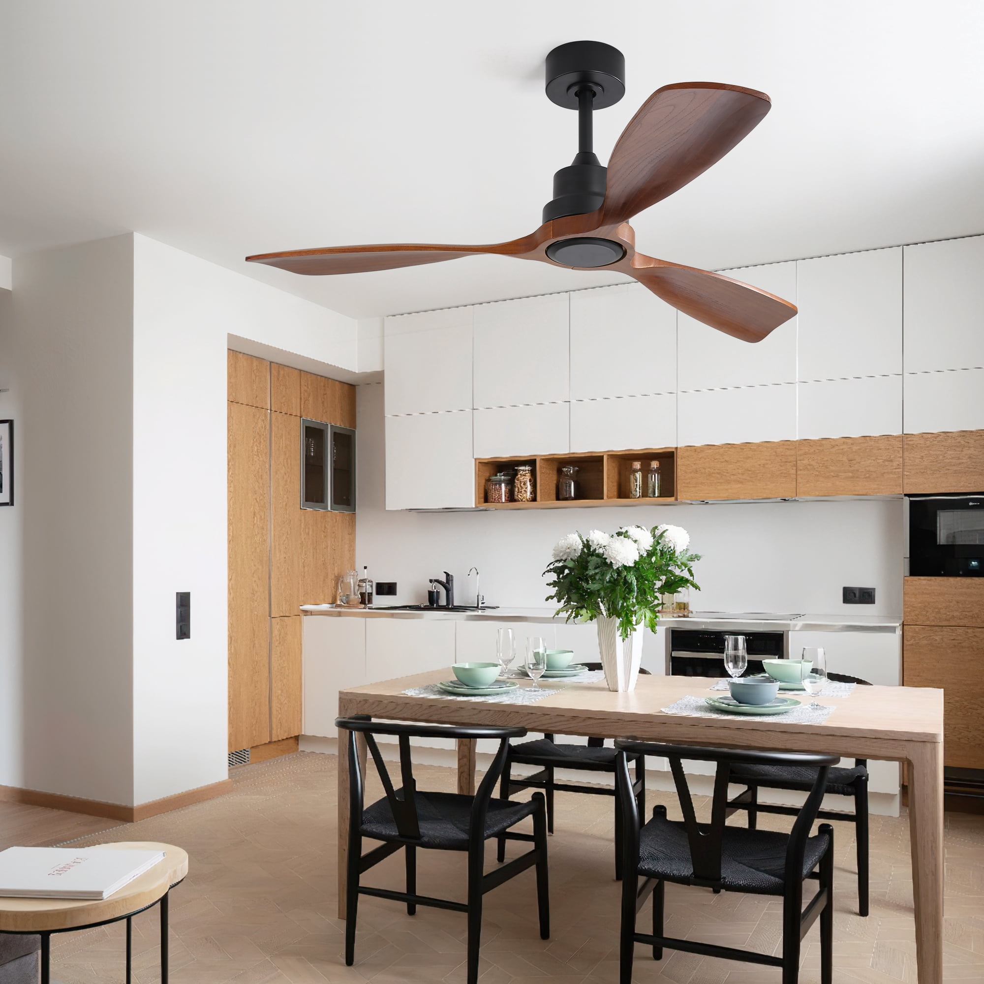 Jopath 48 Inch Ceiling Fan Without Light, 3 Solid Wood Blades Indoor and Outdoor Ceiling Fan 6-speed Reversible DC Motor for Indoor Living Room Bedroom Outside Patios Pergola