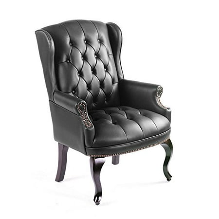 Traditional Wingback Guest Chair, Black leather