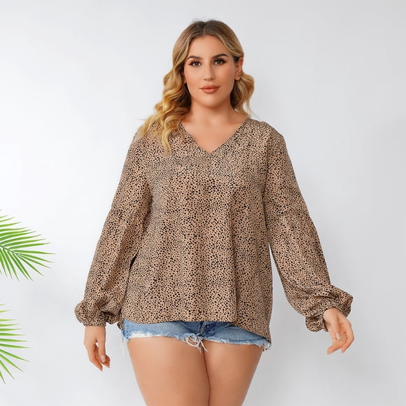 U.Vomade New Ladies Floral Top Women V Neck Long Sleeve Dot Print Casual Top Plus Size Loose Plus Size Ladies Top