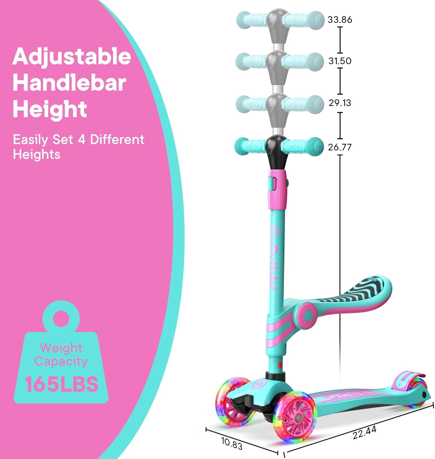 Dribbl 3-Wheel Kids Scooter with Seat, Light-Up Wheels, Adjustable Handlebar, Wide Deck & Rear Brake, Ages 2+