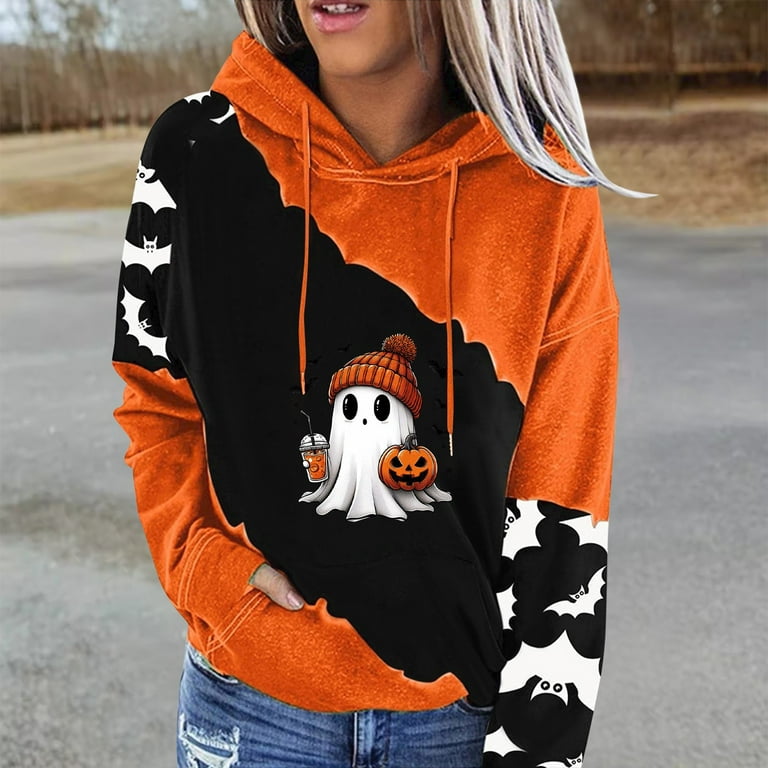 IUZSOKIL Halloween Hoodie Funny Novelty Pullover Cute Ghost Graphic Loose Hooded Oversized Shirts Long Sleeve Pumpkin Sweaters Drawstring Pocket Vermilion L Walmart